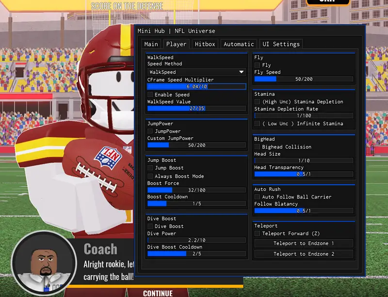 Mini Hub Script | NFL Universe Football – Ball Speed Control, Aimbot